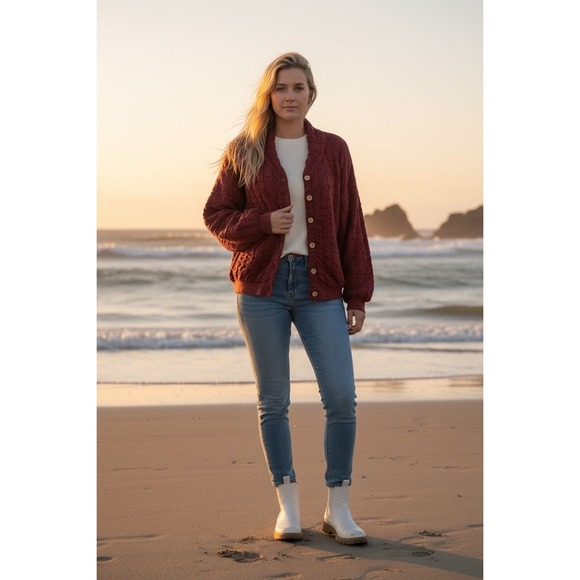 Free People Sweaters - Free People FP Beach Sunny Bomber Cardigan Small Burgundy Sweater Textured